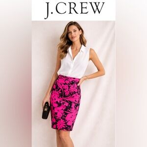 J. Crew Floral Basketweave Navy & Fuchsia Pink Floral Cotton Pencil Skirt Size 6